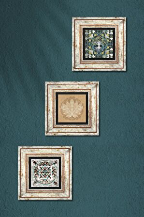 Hayat Ağacı, Lotus Çiçeği, Çini Sanatı Taş Duvar Tablosu Çerçeveli Duvar Dekoru 3 Parça Tablo Seti Wall Art