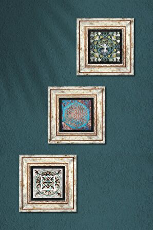 Hayat Ağacı, Yaşam Çiçeği, Çini Sanatı Taş Duvar Tablosu Çerçeveli Duvar Dekoru 3 Parça Tablo Seti Wall Art