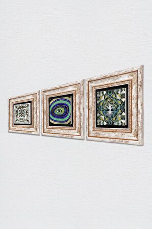 Hayat Ağacı, Nazar, Çini Sanatı Taş Duvar Tablosu Çerçeveli Duvar Dekoru 3 Parça Tablo Seti Wall Art