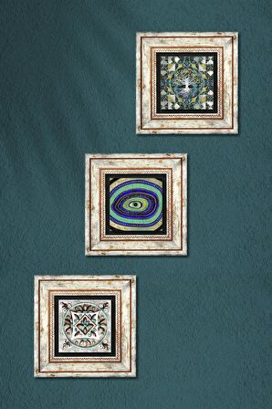 Hayat Ağacı, Nazar, Çini Sanatı Taş Duvar Tablosu Çerçeveli Duvar Dekoru 3 Parça Tablo Seti Wall Art