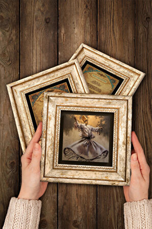 Semazen, Hu, Hz. Muhammed Lafzı Taş Duvar Tablosu Çerçeveli Duvar Dekoru 3 Parça Tablo Seti Wall Art