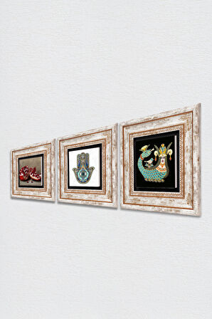 Şahmeran, Nar, Fatma Ana Eli (Hamsa) Taş Duvar Tablosu Çerçeveli Duvar Dekoru 3 Parça Tablo Seti Wall Art
