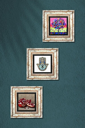 Karla Gerard Hayat Ağacı, Nar, Fatma Ana Eli (Hamsa) Taş Duvar Tablosu Çerçeveli Duvar Dekoru 3 Parça Tablo Seti Wall Art