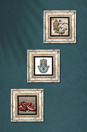 Kelebekli Çiçek, Nar, Fatma Ana Eli (Hamsa) Taş Duvar Tablosu Çerçeveli Duvar Dekoru 3 Parça Tablo Seti Wall Art