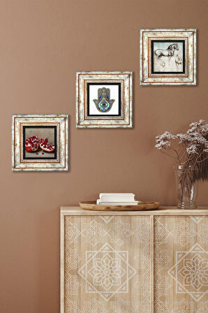 Leonardo da Vinci At Heykeli, Nar, Fatma Ana Eli (Hamsa) Taş Duvar Tablosu Çerçeveli Duvar Dekoru 3 Parça Tablo Seti Wall Art