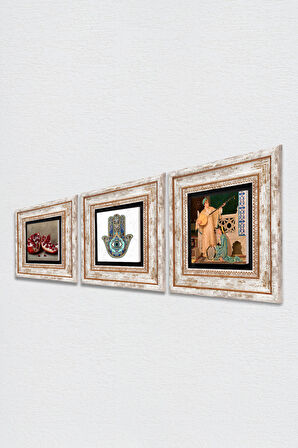 İki Müzisyen Kız Tablosu, Nar, Fatma Ana Eli (Hamsa) Taş Duvar Tablosu Çerçeveli Duvar Dekoru 3 Parça Tablo Seti Wall Art