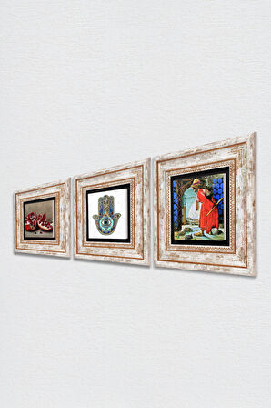 Kaplumbağa Terbiyecisi, Nar, Fatma Ana Eli (Hamsa) Taş Duvar Tablosu Çerçeveli Duvar Dekoru 3 Parça Tablo Seti Wall Art
