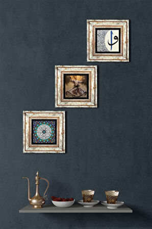 Semazen, İhlas Suresi, Elif-Vav Taş Duvar Tablosu Çerçeveli Duvar Dekoru 3 Parça Tablo Seti Wall Art