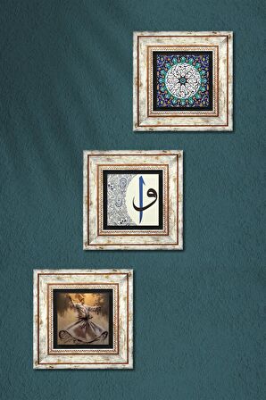 Semazen, İhlas Suresi, Elif-Vav Taş Duvar Tablosu Çerçeveli Duvar Dekoru 3 Parça Tablo Seti Wall Art