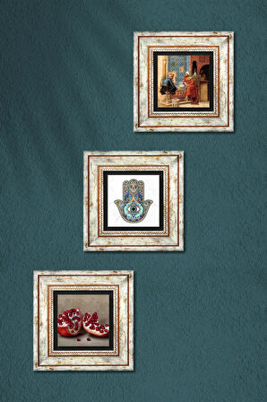 Satranç Oyunu, Nar, Fatma Ana Eli (Hamsa) Taş Duvar Tablosu Çerçeveli Duvar Dekoru 3 Parça Tablo Seti Wall Art