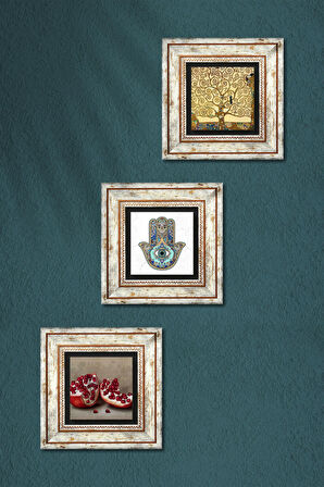 Gustav Klimt Hayat Ağacı, Nar, Fatma Ana Eli (Hamsa) Taş Duvar Tablosu Çerçeveli Duvar Dekoru 3 Parça Tablo Seti Wall Art