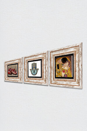 Gustav Klimt Öpücük, Nar, Fatma Ana Eli (Hamsa) Taş Duvar Tablosu Çerçeveli Duvar Dekoru 3 Parça Tablo Seti Wall Art