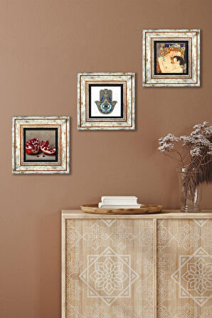 Gustav Klimt Anne Çocuk, Nar, Fatma Ana Eli (Hamsa) Taş Duvar Tablosu Çerçeveli Duvar Dekoru 3 Parça Tablo Seti Wall Art