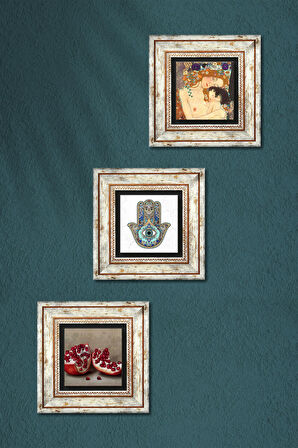 Gustav Klimt Anne Çocuk, Nar, Fatma Ana Eli (Hamsa) Taş Duvar Tablosu Çerçeveli Duvar Dekoru 3 Parça Tablo Seti Wall Art