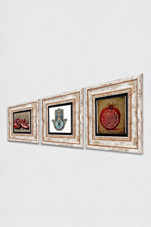Bereket Duası, Nar, Fatma Ana Eli (Hamsa) Taş Duvar Tablosu Çerçeveli Duvar Dekoru 3 Parça Tablo Seti Wall Art