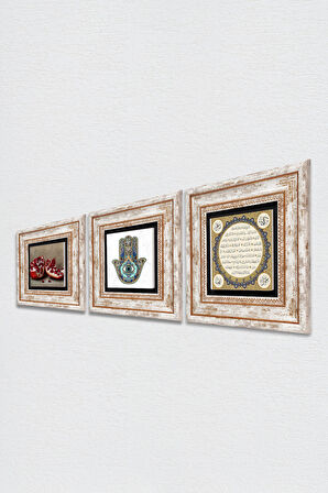 Hilye-i Şerif, Nar, Fatma Ana Eli (Hamsa) Taş Duvar Tablosu Çerçeveli Duvar Dekoru 3 Parça Tablo Seti Wall Art