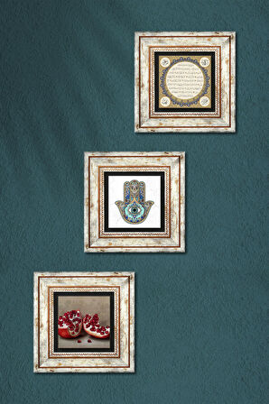 Hilye-i Şerif, Nar, Fatma Ana Eli (Hamsa) Taş Duvar Tablosu Çerçeveli Duvar Dekoru 3 Parça Tablo Seti Wall Art