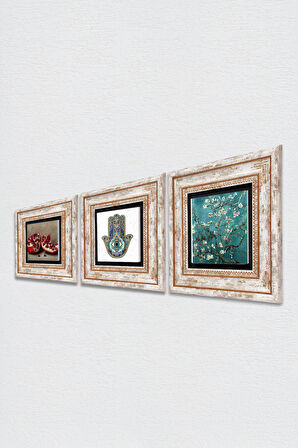 Van Gogh Badem Ağacı, Nar, Fatma Ana Eli (Hamsa) Taş Duvar Tablosu Çerçeveli Duvar Dekoru 3 Parça Tablo Seti Wall Art