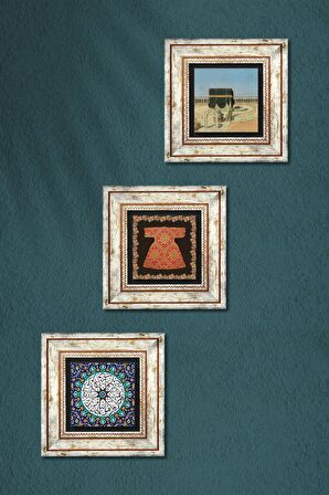 İhlas Suresi, Hırka-i Şerif, Kabe-i Muazzama Taş Duvar Tablosu Çerçeveli Duvar Dekoru 3 Parça Tablo Seti Wall Art