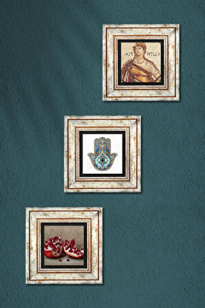 Soteria Mozaiği, Nar, Fatma Ana Eli (Hamsa) Taş Duvar Tablosu Çerçeveli Duvar Dekoru 3 Parça Tablo Seti Wall Art