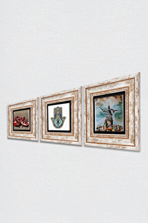 İstanbul Galata Kulesi, Nar, Fatma Ana Eli (Hamsa) Taş Duvar Tablosu Çerçeveli Duvar Dekoru 3 Parça Tablo Seti Wall Art