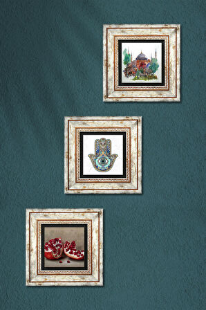 İstanbul Ayasofya, Nar, Fatma Ana Eli (Hamsa) Taş Duvar Tablosu Çerçeveli Duvar Dekoru 3 Parça Tablo Seti Wall Art