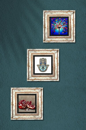 Hayat Ağacı, Nar, Fatma Ana Eli (Hamsa) Taş Duvar Tablosu Çerçeveli Duvar Dekoru 3 Parça Tablo Seti Wall Art