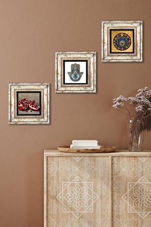 Nazar Boncuğu, Nar, Fatma Ana Eli (Hamsa) Taş Duvar Tablosu Çerçeveli Duvar Dekoru 3 Parça Tablo Seti Wall Art