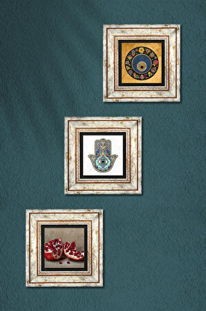 Nazar Boncuğu, Nar, Fatma Ana Eli (Hamsa) Taş Duvar Tablosu Çerçeveli Duvar Dekoru 3 Parça Tablo Seti Wall Art