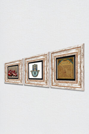 Esma'ül Hüsna, Nar, Fatma Ana Eli (Hamsa) Taş Duvar Tablosu Çerçeveli Duvar Dekoru 3 Parça Tablo Seti Wall Art