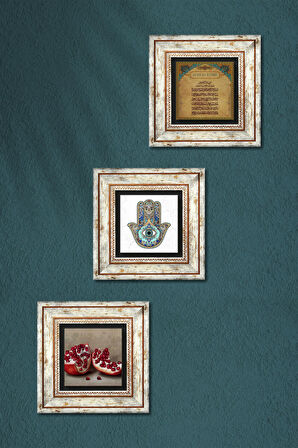 Ayet-el Kürsi, Nar, Fatma Ana Eli (Hamsa) Taş Duvar Tablosu Çerçeveli Duvar Dekoru 3 Parça Tablo Seti Wall Art