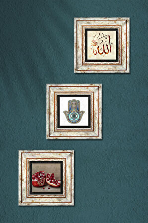 Allah Lafzı, Nar, Fatma Ana Eli (Hamsa) Taş Duvar Tablosu Çerçeveli Duvar Dekoru 3 Parça Tablo Seti Wall Art