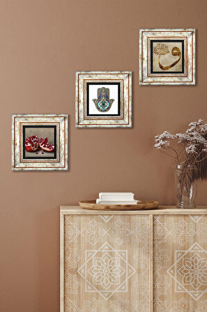 Vav, Nar, Fatma Ana Eli (Hamsa) Taş Duvar Tablosu Çerçeveli Duvar Dekoru 3 Parça Tablo Seti Wall Art