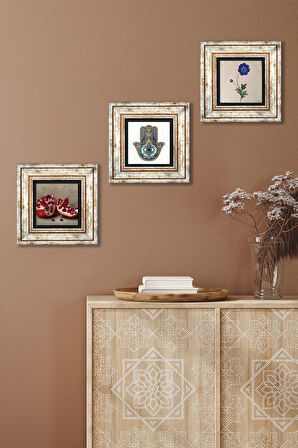 Ebru Sanatı, Nar, Fatma Ana Eli (Hamsa) Taş Duvar Tablosu Çerçeveli Duvar Dekoru 3 Parça Tablo Seti Wall Art