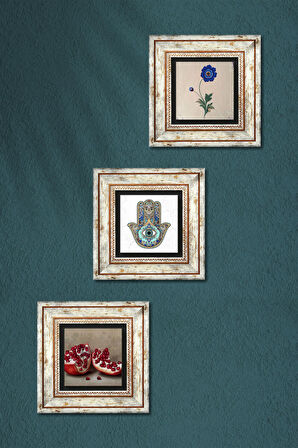 Ebru Sanatı, Nar, Fatma Ana Eli (Hamsa) Taş Duvar Tablosu Çerçeveli Duvar Dekoru 3 Parça Tablo Seti Wall Art