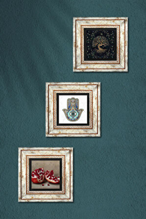 Hayat Ağacı, Nar, Fatma Ana Eli (Hamsa) Taş Duvar Tablosu Çerçeveli Duvar Dekoru 3 Parça Tablo Seti Wall Art