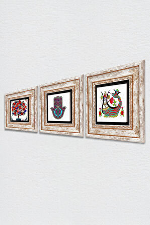 Fatma Ana Eli (Hamsa), Şahmeran, Nar Ağacı Taş Duvar Tablosu Çerçeveli Duvar Dekoru 3 Parça Tablo Seti Wall Art