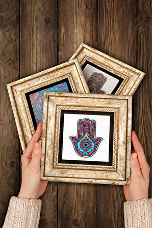 Fatma Ana Eli (Hamsa), Şahmeran, Nar Ağacı Taş Duvar Tablosu Çerçeveli Duvar Dekoru 3 Parça Tablo Seti Wall Art