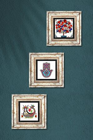 Fatma Ana Eli (Hamsa), Şahmeran, Nar Ağacı Taş Duvar Tablosu Çerçeveli Duvar Dekoru 3 Parça Tablo Seti Wall Art