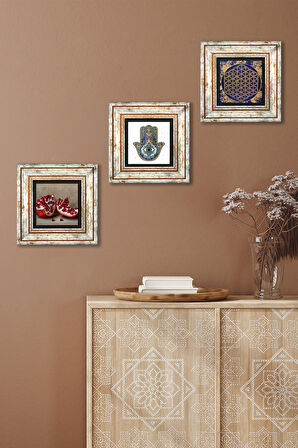 Yaşam Çiçeği, Nar, Fatma Ana Eli (Hamsa) Taş Duvar Tablosu Çerçeveli Duvar Dekoru 3 Parça Tablo Seti Wall Art