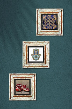 Yaşam Çiçeği, Nar, Fatma Ana Eli (Hamsa) Taş Duvar Tablosu Çerçeveli Duvar Dekoru 3 Parça Tablo Seti Wall Art