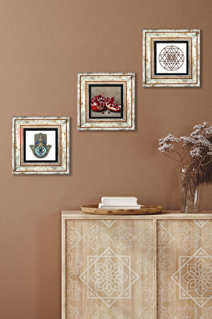 Sri Yantra, Nar, Fatma Ana Eli (Hamsa) Taş Duvar Tablosu Çerçeveli Duvar Dekoru 3 Parça Tablo Seti Wall Art