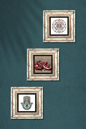 Sri Yantra, Nar, Fatma Ana Eli (Hamsa) Taş Duvar Tablosu Çerçeveli Duvar Dekoru 3 Parça Tablo Seti Wall Art