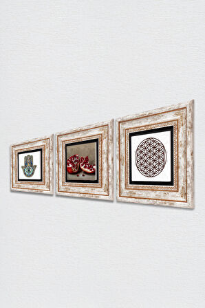Yaşam Çiçeği, Nar, Fatma Ana Eli (Hamsa) Taş Duvar Tablosu Çerçeveli Duvar Dekoru 3 Parça Tablo Seti Wall Art