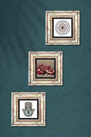 Yaşam Çiçeği, Nar, Fatma Ana Eli (Hamsa) Taş Duvar Tablosu Çerçeveli Duvar Dekoru 3 Parça Tablo Seti Wall Art