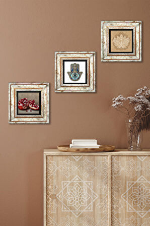 Lotus Çiçeği, Nar, Fatma Ana Eli (Hamsa) Taş Duvar Tablosu Çerçeveli Duvar Dekoru 3 Parça Tablo Seti Wall Art