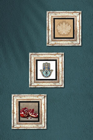 Lotus Çiçeği, Nar, Fatma Ana Eli (Hamsa) Taş Duvar Tablosu Çerçeveli Duvar Dekoru 3 Parça Tablo Seti Wall Art