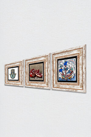 Çini Sanatı Yelkenli Gemi, Nar, Fatma Ana Eli (Hamsa) Taş Duvar Tablosu Çerçeveli Duvar Dekoru 3 Parça Tablo Seti Wall Art