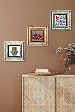 Çini Sanatı Lale, Nar, Fatma Ana Eli (Hamsa) Taş Duvar Tablosu Çerçeveli Duvar Dekoru 3 Parça Tablo Seti Wall Art