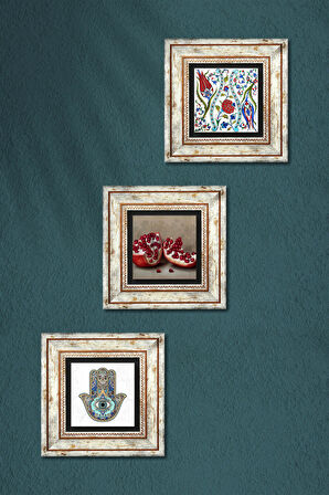 Çini Sanatı Lale, Nar, Fatma Ana Eli (Hamsa) Taş Duvar Tablosu Çerçeveli Duvar Dekoru 3 Parça Tablo Seti Wall Art